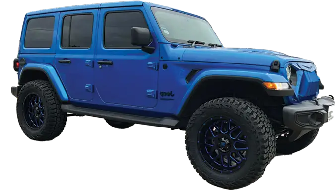 Blue jeep showing various truck accessories we offer